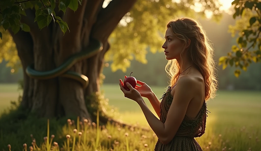 Text on screen: "Eve eats the forbidden fruit and gives it to Adam, who also eats."
imagery: Eve taking the fruit and eating it, then offering it to Adam, who also eats.
Biblical Reference: Genesis 3:6: "When the woman saw that the tree seemed pleasant to the taste, was attractive to the eye and, Furthermore, desirable for obtaining discernment from it, took its fruit, ate it and gave it to her husband, who ate too."