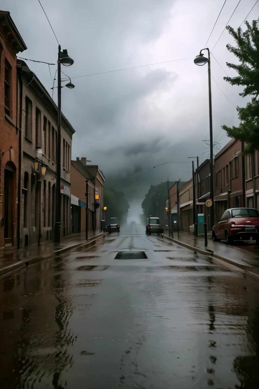 1950s rainy day landscape, atmospheric rainy village, detailed brick buildings, cobblestone streets, puddles reflecting streetlights, vintage cars parked, overcast cloudy sky, moody lighting, muted color palette, cinematic mood, (best quality,4k,8k,highres,masterpiece:1.2),ultra-detailed,(realistic,photorealistic,photo-realistic:1.37),dramatic lighting,volumetric fog,cinematic composition