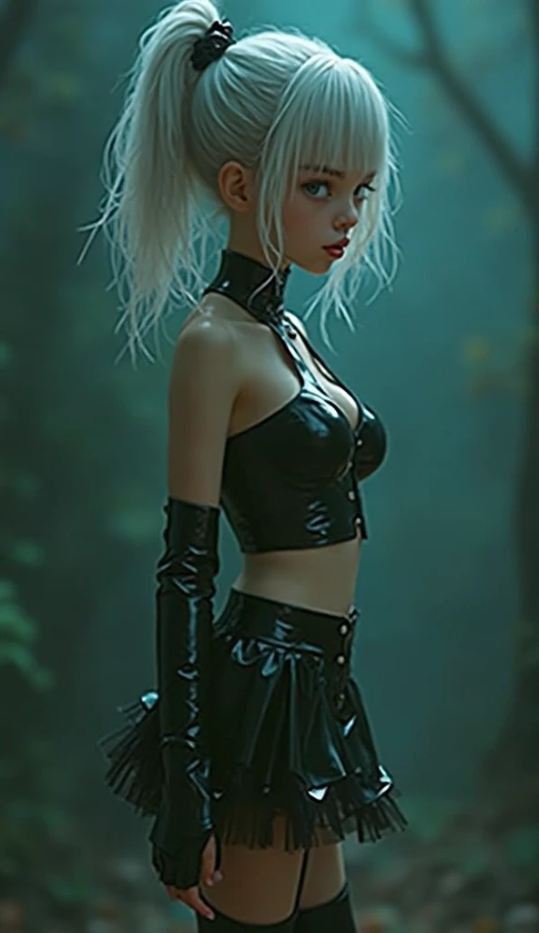 A fantasy girl with light blue-gray skin and large, vibrant eyes stands in a magical forest filled with large, glowing mushrooms. She has long, multi-colored hair that mixes blue-green, pink, and orange, which hangs from under the hood of an intricately patterned, bright orange cloak. Her face and body are adorned with tribal rune tattoos that match the pattern on her jacket. She wears a tight-fitting black crop top and dark denim shorts with metallic trim, giving her a look that is a mix of ancient, intricate, and futuristic. The backdrop is a dimly lit dream forest, giving the feeling of being in a dreamland of fantasy and wonderland..