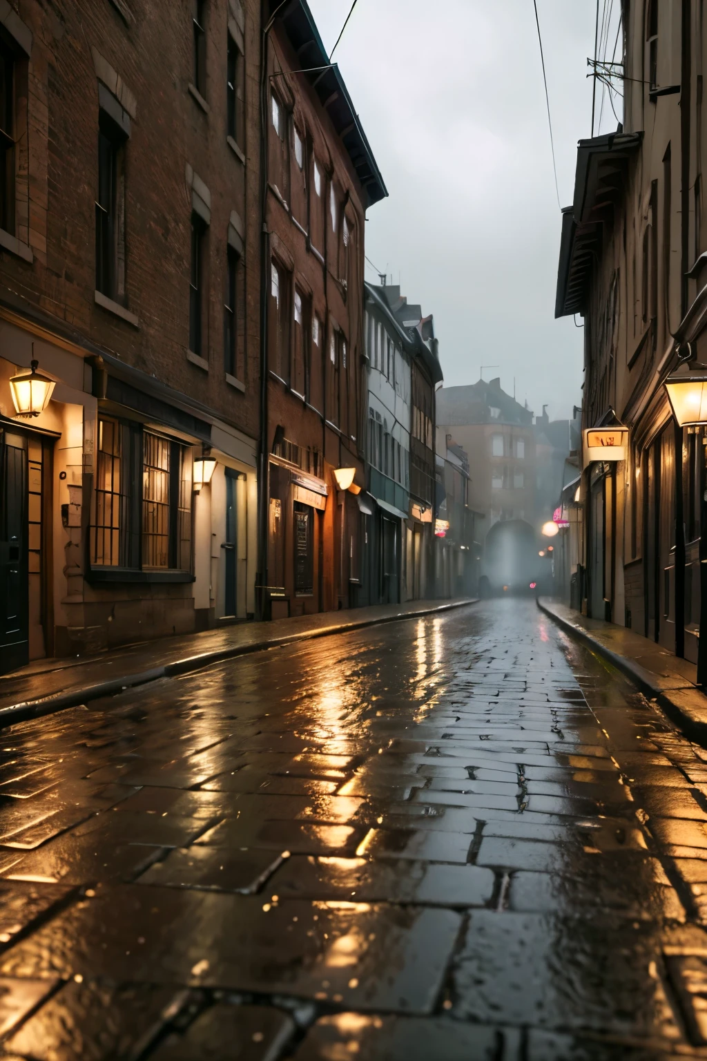 1950s rainy day landscape, atmospheric rainy village, detailed brick buildings, cobblestone streets, puddles reflecting streetlights, vintage cars parked, overcast cloudy sky, moody lighting, muted color palette, cinematic mood, (best quality,4k,8k,highres,masterpiece:1.2),ultra-detailed,(realistic,photorealistic,photo-realistic:1.37),dramatic lighting,volumetric fog,cinematic composition