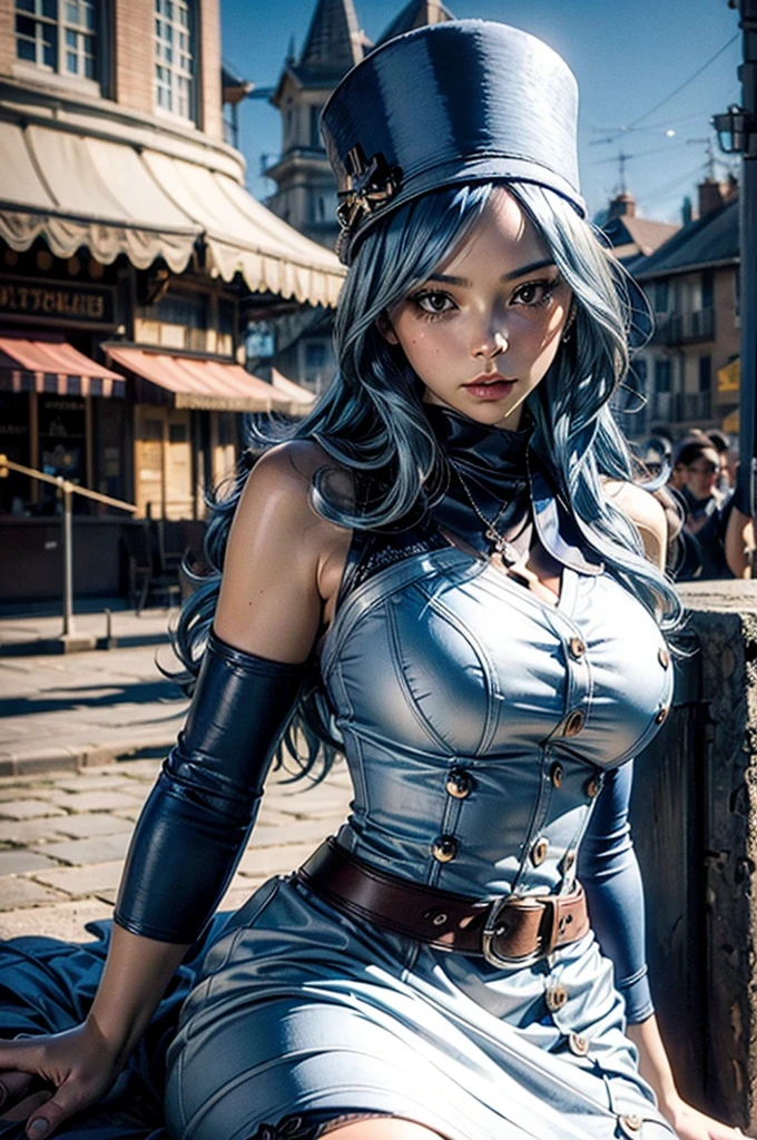 Furina has fair skin and hetero chromic eyes, with dark blue left eyes and light
blue right eyes. her hair is mostly grayish-white, shoulder-length, with perms at the ends, but also has a few blue strands, her wardrobe is dominated by a dark blue suit with a black jabot and gold sleeves, she wears a top hat with a light blue, ultra high quality model, masterpiece, sharp focus, depth of field, unreal engine, perfect composition, digital art on Pixiv Fanbox, artstation, 8k, hdr
