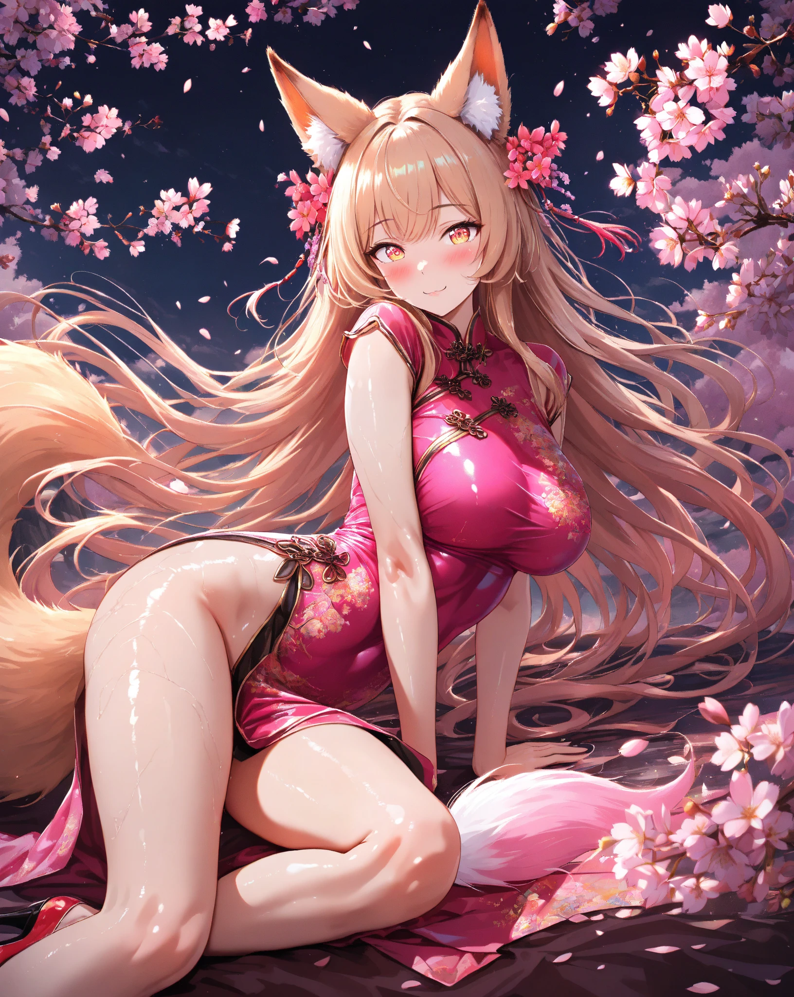 ((best quality, Masterpiece, Complete anatomy, Detailed pictures)), long haired, 1 woman, ferret arctic, sexy, long white hair, ponytail, gray eyes, White eyes, ferret tail, naked, red red, shy, in the cherry tree,