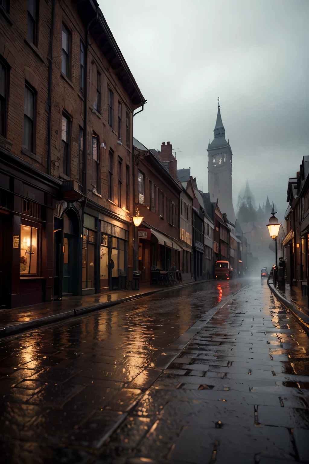 1950s rainy day landscape, atmospheric rainy village, detailed brick buildings, cobblestone streets, puddles reflecting streetlights, vintage cars parked, overcast cloudy sky, moody lighting, muted color palette, cinematic mood, (best quality,4k,8k,highres,masterpiece:1.2),ultra-detailed,(realistic,photorealistic,photo-realistic:1.37),dramatic lighting,volumetric fog,cinematic composition