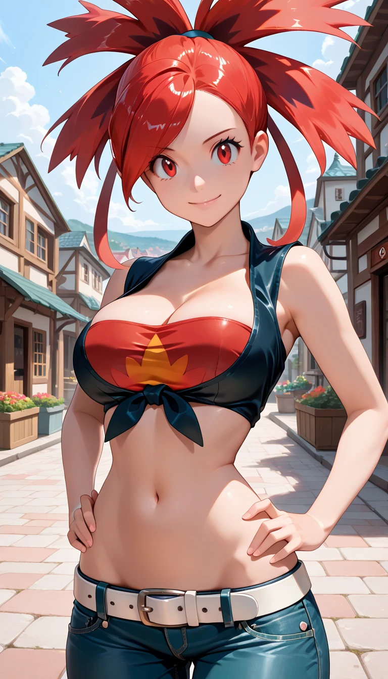((1girl)), perfect face, young woman, beautiful face, perfect face, masterpiece, flannery, ((flanneryoras)), red hair, red eyes, ((red tube top:1.3)), ((underboob)), (((small thin Bandeau))), ((red bandeau)), ((huge breasts:1.3)), ((loose top)), ((strapless top)), indentation, bursting breasts, cowboy shot, outdoors, smile :D, facing viewer, ((strapless, bare shoulders)), denim shorts,voluptuous, thick ass