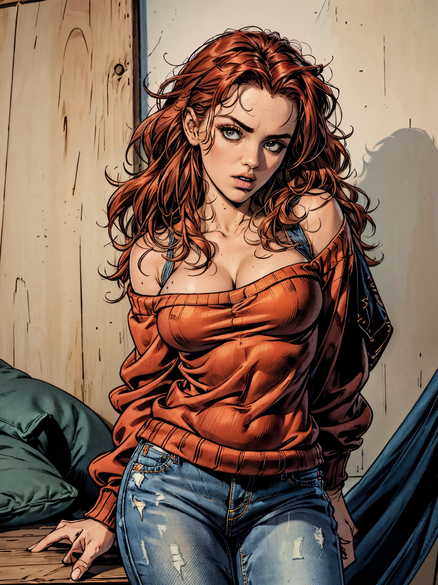 (((HD photo))), ultra high res.photorealistic:. 1.4, UHD, masterpiece, trending on artstation, portrait, head and shoulders shot, 1girl, pretty, cute face, most beautiful in the world, cleavage, soft, delicate, (long red hair), perfect figure, wearing breton jumper, jeans, sfw