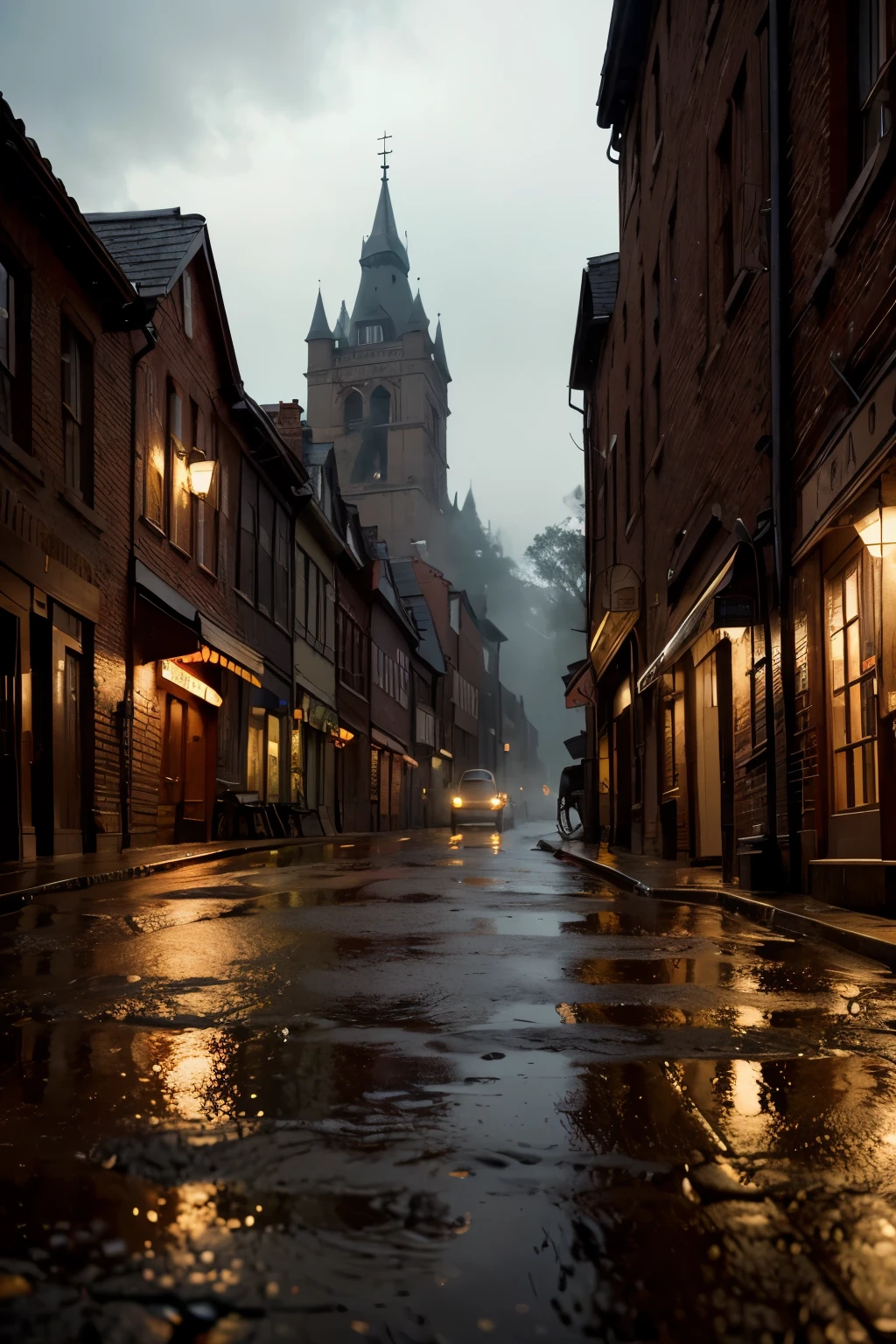 1950s rainy day landscape, atmospheric rainy village, detailed brick buildings, cobblestone streets, puddles reflecting streetlights, vintage cars parked, overcast cloudy sky, moody lighting, muted color palette, cinematic mood, (best quality,4k,8k,highres,masterpiece:1.2),ultra-detailed,(realistic,photorealistic,photo-realistic:1.37),dramatic lighting,volumetric fog,cinematic composition