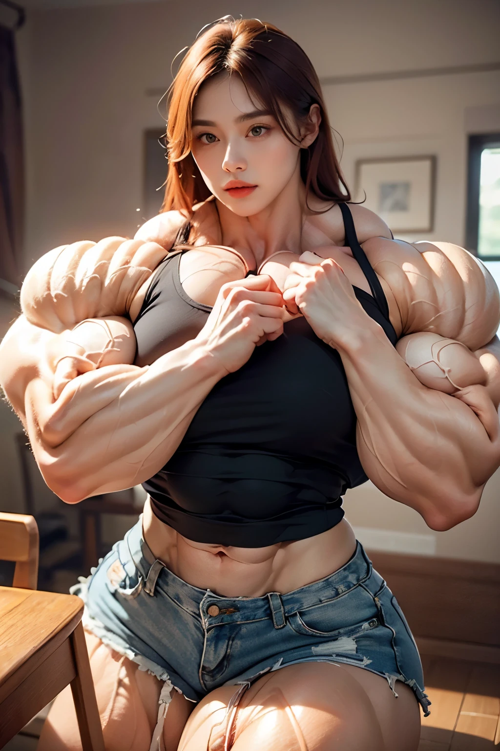 (Raw photo, Best Quality), (Realistic, Photorealsitic:1.3), masterpiece, Extremely delicate and beautiful, Soft light, (dark brown hair, hair, medium short hair, bang), Beautiful detailed girls, (Precise fingers, Eyes and faces with detailed, beautiful detailed nose, Beautiful detailed eyes, 1 girl, Japanese, Neat and clean beauty, Cute, tall, muscular body, young, (voluptuous bust), slim waist, Realistic face,(bedroom), hyper muscle, gigantic massive pecs, gigantic massive thighs, gigantic massive calves, gigantic massive deltoid muscles, gigantic massive arms, gigantic massive forearms, gigantic mitral muscle, gigantic massive broad shoulder, muscular body type, big smile, armwrestling with somebody's arm. her elbow ison table