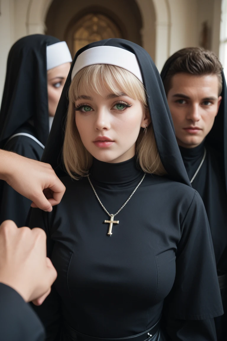 (Cute innocent white 12 year old twin sisters:1.2), both with long straight blonde hair, blue eyes, (fully nude), revealing nun outfit, wearing black tight thigh highs, (round firm breasts), flat stomach, (topless:1.2), posing on a church, smiling, happy, selfie, ultra realistic, 4k, exquisite, girly, playful, Pretty, looking at viewer,