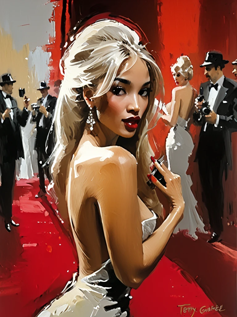 A captivating watercolor painting of a young, beautiful woman, embodying the essence of an attractive performer in a modern-day bar. She wears a dazzling red dress, adorned with shimmering sequins and intricate patterns. Her long, wavy hair flows around her shoulders, and her eyes sparkle with confidence. The vibrant colors of the painting bring the stage lights to life as she gracefully sings and dances, stealing the attention of everyone in the room.