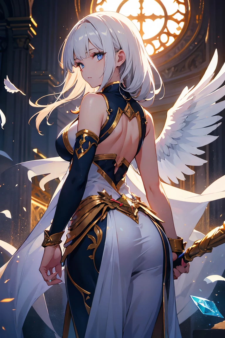 Callista, a 55-meter giant elf, emerges from an enchanted portal at dusk, her alabaster skin glowing in the moonlight. Her long golden hair falls in soft curls over her shoulders and back. Standing in a mystical meadow, her posture is graceful and seductive, one leg slightly bent, one hand caressing a flower while the other rests on her hip. Her eyes, full of wisdom and desire, gaze at the tiny humans at her feet, mesmerized by her ethereal presence. Her lips curl in a mischievous smile and her body, sculpted with grace and natural perfection, radiates an aura of enchanting eroticism, enveloping all present in a spell of submission and mystical awe.