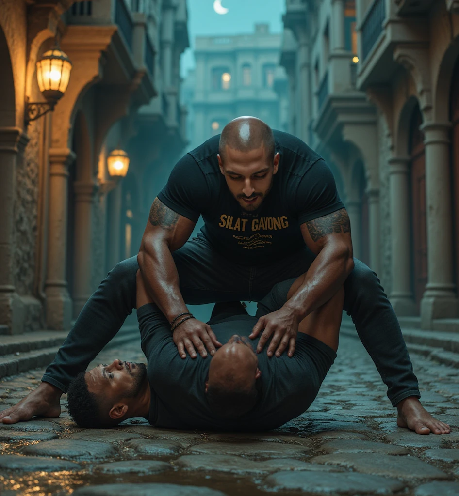 Indian gym man flexes hamstring while trampling on opponents chest with timberland boot in domination style