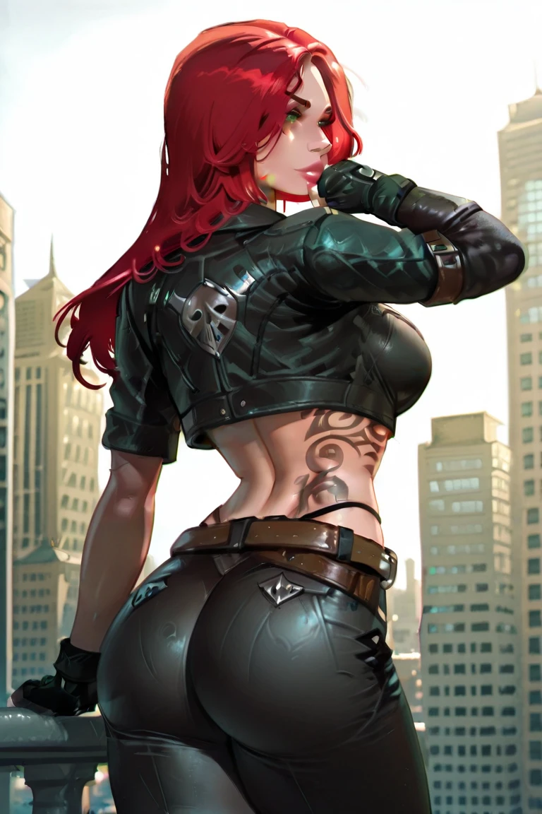 ((Jennifer Garner as Electra)), ((rear view)), ((Marvel hero crossed with Tomb Raider)), ((skimpy outfit)), (Masterpiece, 4k resolution, ultra-realistic, very detailed), (City in destruction), [ ((25 years), (long red hair:1.2), full body, (green eyes:1.2), (show of strength), ((sandy urban environment):0.8)| (cityscape, at night, dynamic lights))] # Explanation: The Prompt mainly describes a 4K painting of ultra-high definition, very realistic, very detailed. It shows a superheroine. The theme in the painting is a white superhero theme, the female protagonist has long red hair, is 25 years old and her entire body is shown in the painting.  cameltoe, camel toe