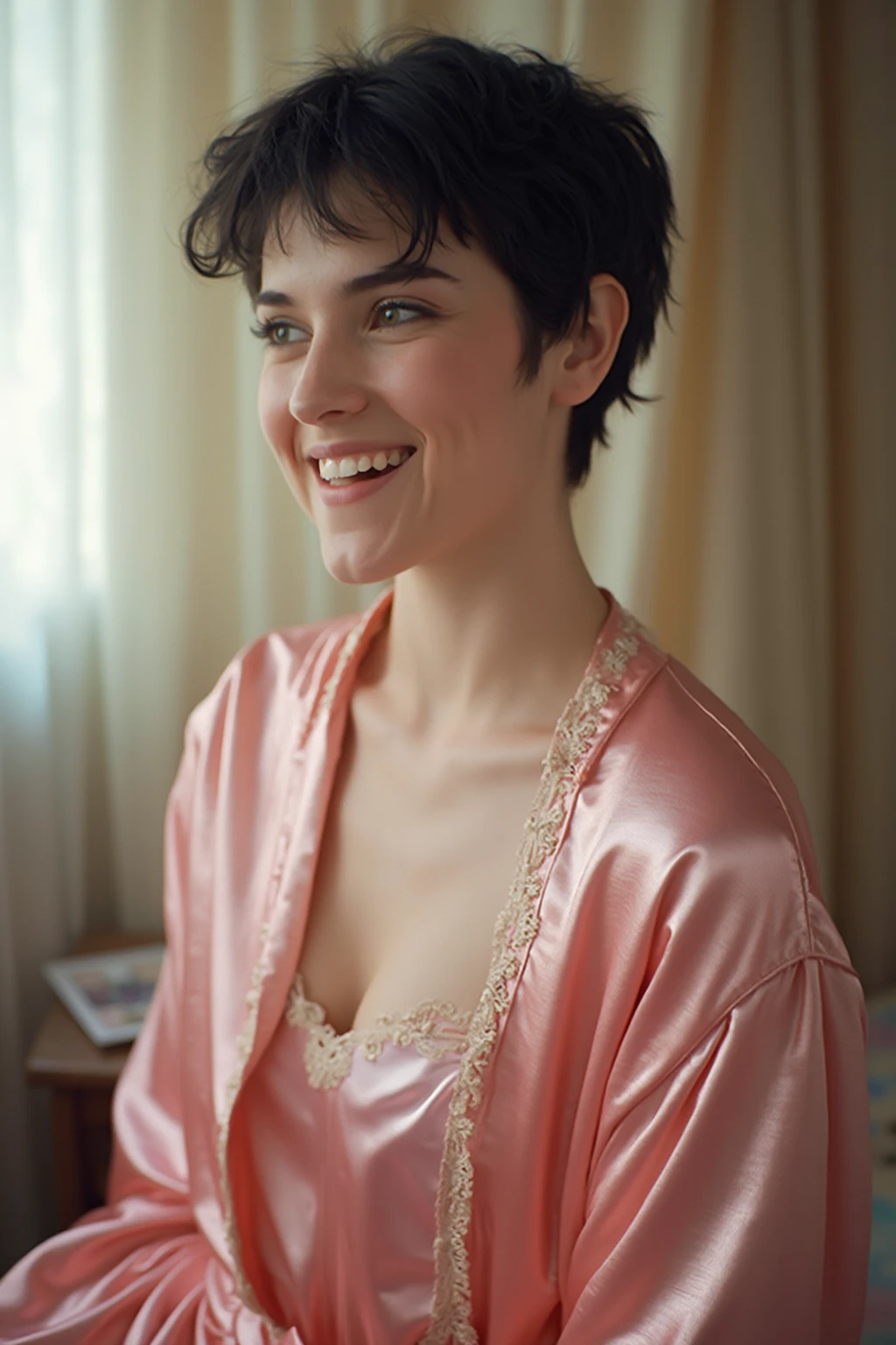 shaved ((pixie haircut)), pinup pose, ((pixie haircut)), smirking, brown hair, bow in hair, cute sleepwear