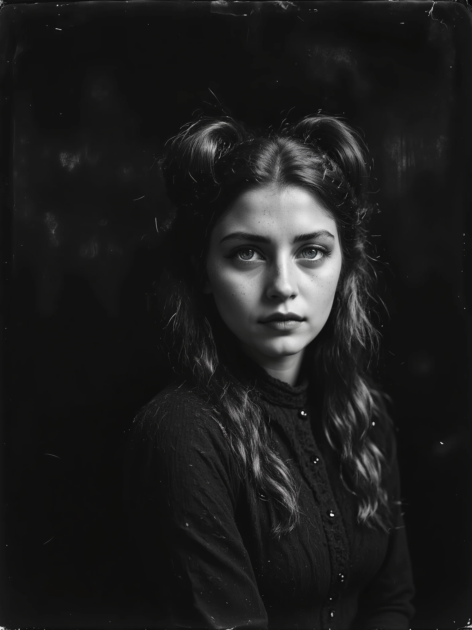 Sexy country gothic girl noir, (darkly surreal and gritty innocence++”), presenting a steamy black and white reportage style documentary photograph of the beautiful bohemian Russian country princess Bella Vonâge. This is her breathtaking pure au natural gothic country girl look, untamed, bathed in dark desire, gut wrenching beauty, it’s Bella’s unveiling in luxurious black and white, shot in a derelict barn, her perfect size 12 body is decadent and disarming, (“soft skin covered in gothic skull & bella donna lilly tattoos+”), my god she’s beautiful, (a moody and erotic black and white photograph) and fashion editorial print campaign featuring Bella Vonâge, spectacular photorealism, riveting and risqué, lush blacks and crisp highlights, a truly stunning avant garde black and white erotic boudoir portrait photograph of the pretty and sexy gothic country farm girl-Bella Vonâge, (super sexy, pretty face, candid beauty, au natural, angelic eyes, seductive look, luscious lips, perfect teeth, perfect hands, perfect body symmetry, (goddess like perfection), (playfully provocative), iconic beauty, absolutely stunning, drop dead gorgeous, (dark blonde hair), (twin buns hairstyle, layered bangs, cute freckles), ((voluptuous and perfectly plump)), (“mischievous and enigmatic smile, smouldering gothic country noir++”), she’s wearing a sexy bohemian country style dress, sexy pose, breathtaking looks, so absolutely surreal, capture that awe inspiring, mesmerising and melancholic look with her naughty hypnotic stare. Bella vonâge is a sexy American southern bell, white Greek, Norwegian-French-bohemian and Russian descent), epic composition, beautiful depth of field, stylish monochromatic bokeh, kinky fetish and award-winning erotic boudoir photography by the Kings of Kink—Helmut Newton, Herb Ritts, Rick Castro & Robert Mapplethorpe, Sam Haskins, Eli Reed, Man Ray, beautifully shot in medium-format, using moody Cinestill (Eastman Kodak 5222) Double-X Black & White 120mm Film stock.