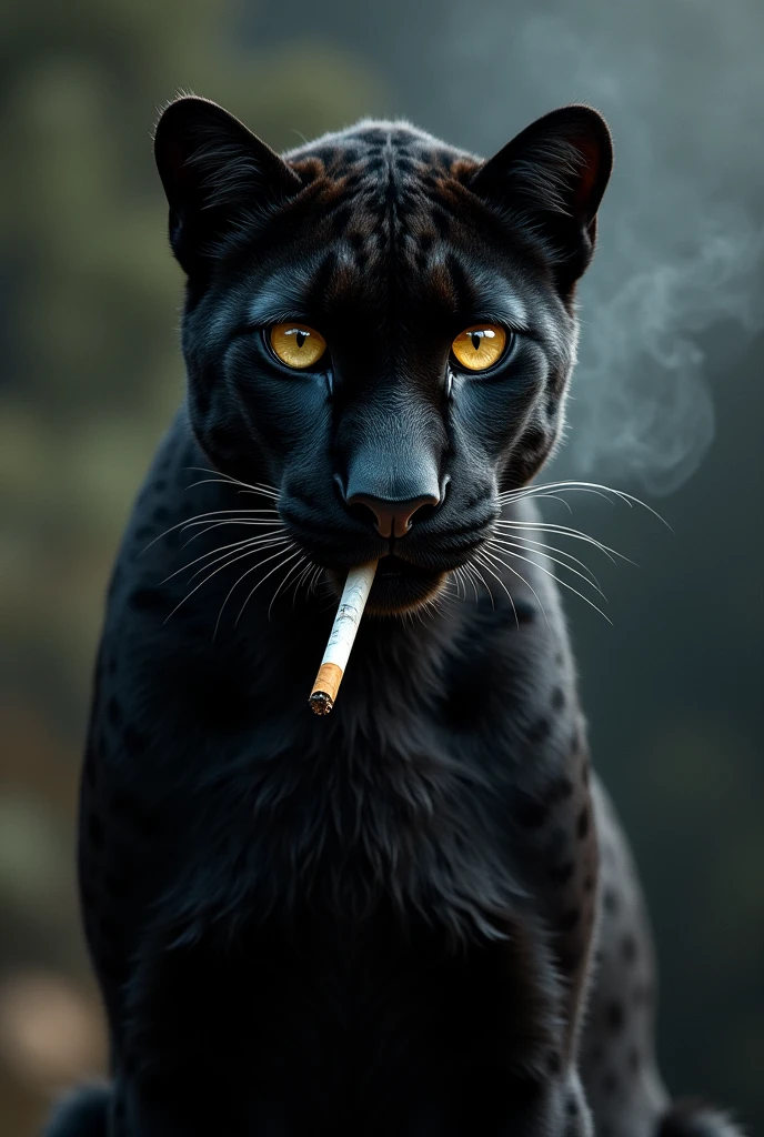 Exu black panther,black man long hair,panther look, accompanied by a black panther,smoking a cigar in the woods,panther eyes