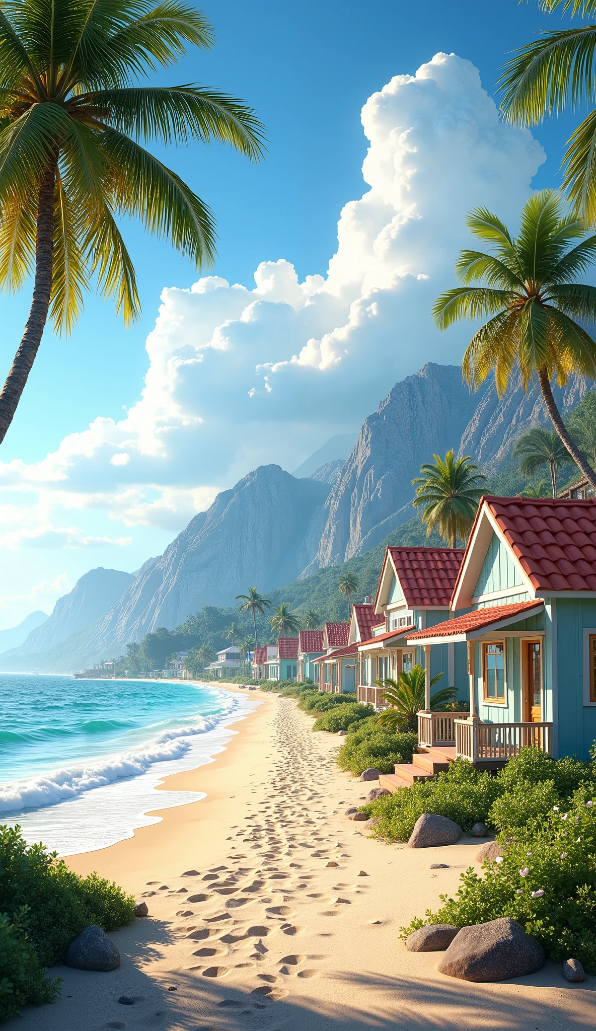On the left are beach houses of various sizes with large windows, palm trees, lining the shore, Sun peeking through fluffy clouds, the ocean, mountains in the distance

