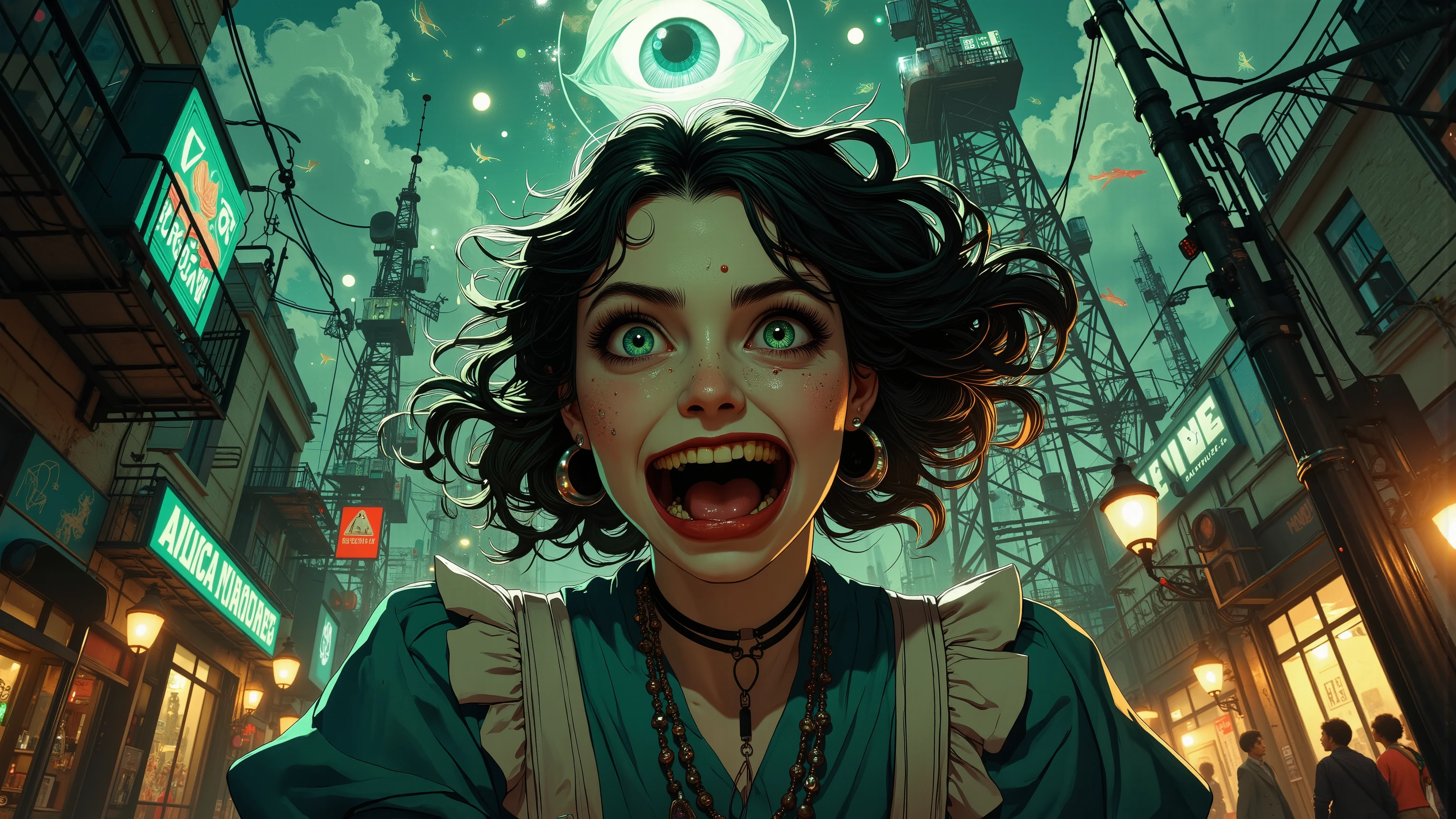 Alice Liddell, street lights, (black light), tilt angle, Eye of Providence, fisheye lens, mad, lunatically, creepy, glowing geometrical fish, radio tower, Bauhaus style, 16k, UHD, HDR, masterpiece, award winning