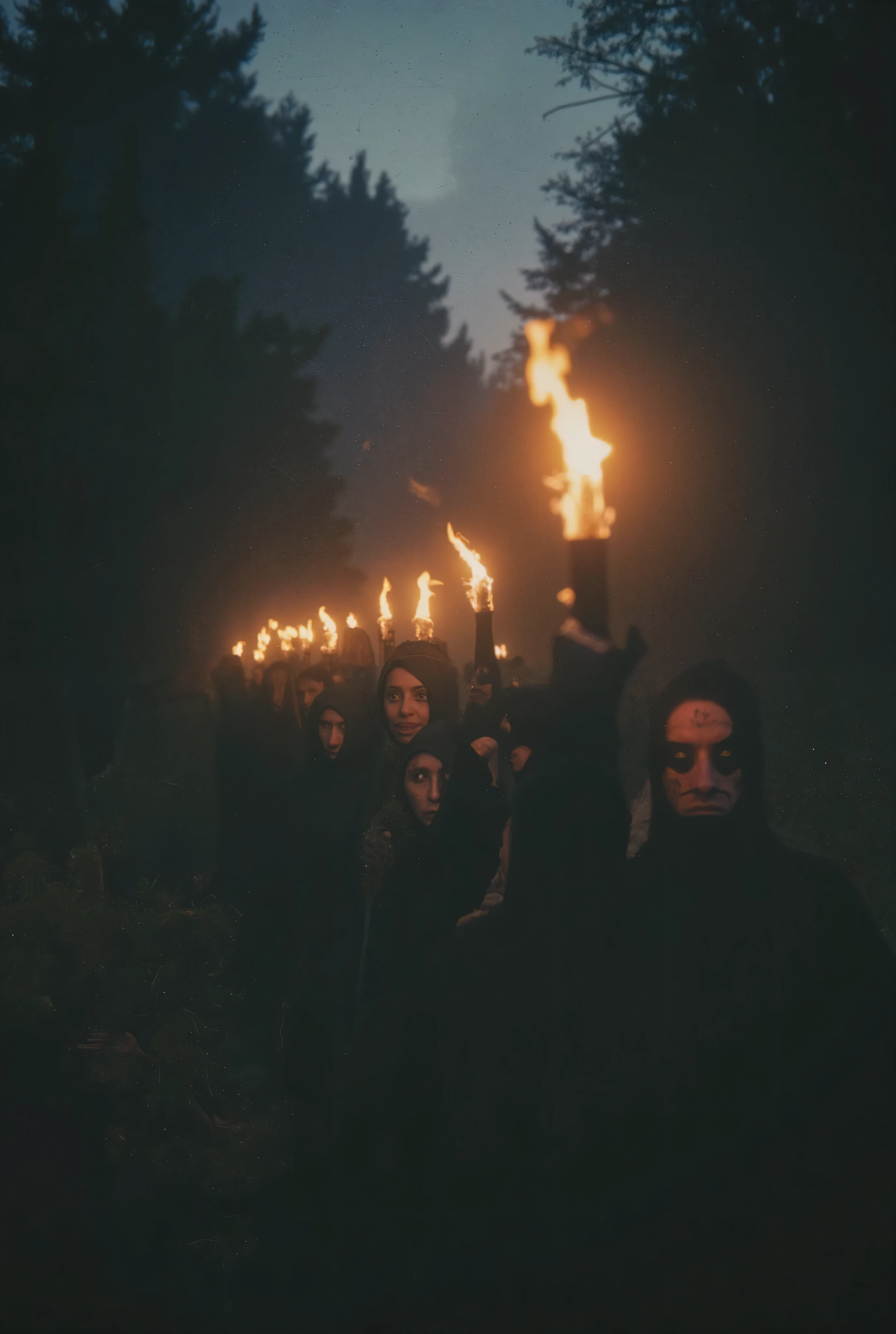 An endless procession of shadow-wrapped pilgrims walking backwards into the darkness of Zugarramurdi, each carrying a flame that does not burn, followed by silent ren with stitched eyes. Hyperrealist, Cinematográfico.