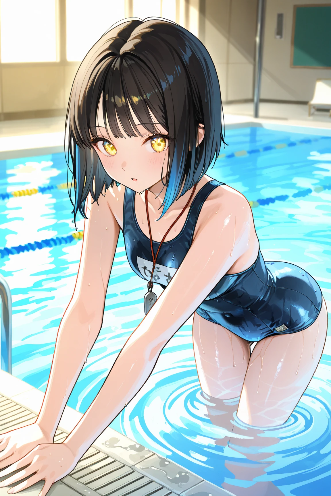 School Swimsuit、Japanese women、Black short hair、Gloss、smile、high resolution、Photorealistic、