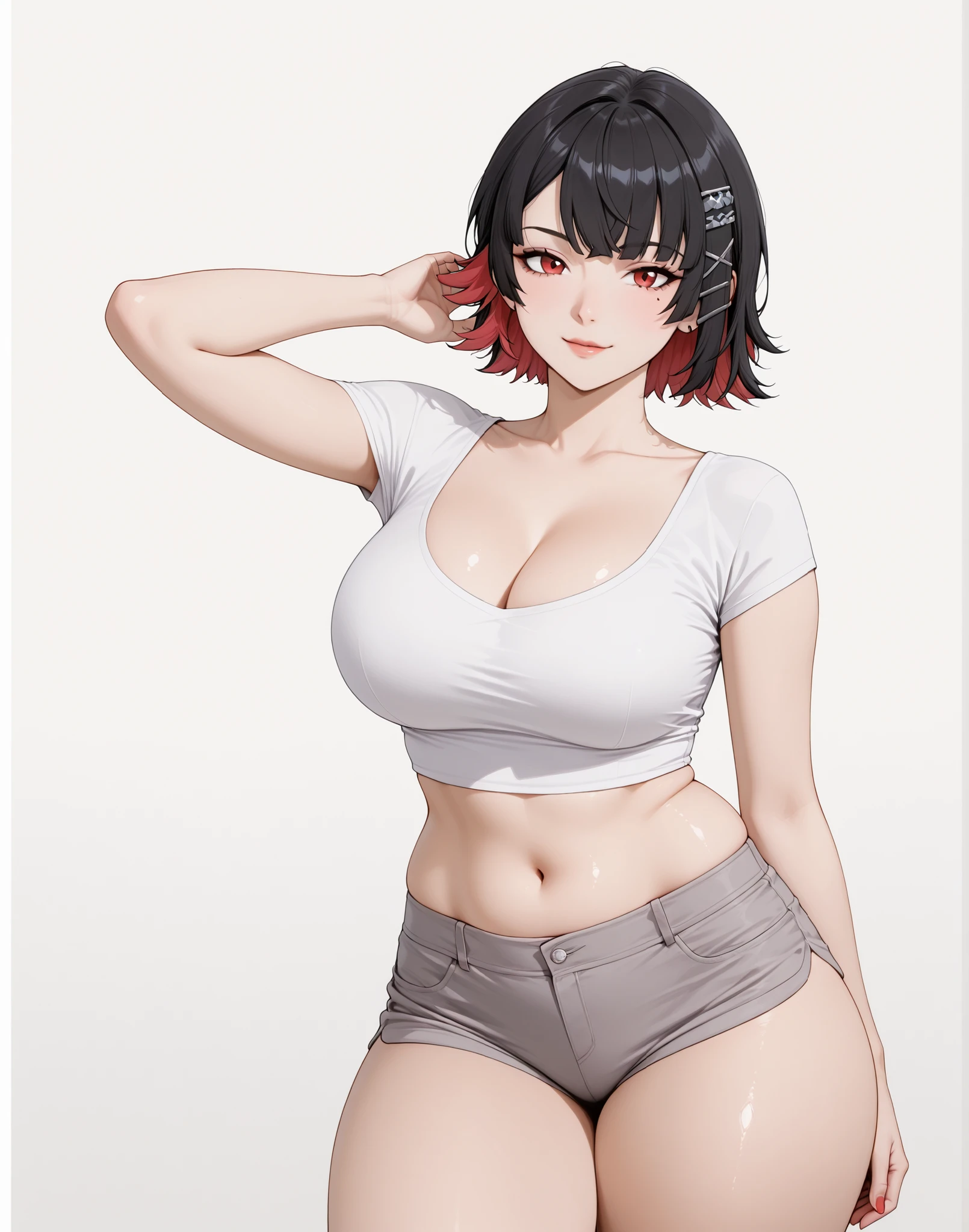 masterpiece, extremely detailed, perfect skin texture, 4k, solo, 1girl, adult,((fullbody)), stand up, ellen joe, sexy legs, perfect body, large breasts, white tshirt, grey shorts, housewife, soft light, high detailed, best quality, midriff, navel, navel line, belly, bare belly, sexy, hot girl, hot woman, big breasts, sexy girl, sexy woman, korean face, beautiful, thick thighs, thigh thighs, upper body, tshirt, crop top, beautiful girl, beautiful woman, hot pose, perfect hands, wide hips, expressive, looking at viewers, front look, sexy pose, photography, white plain background, white background, mature, cleavage, girlish face, red eyes, black hair, short hair, colored inner hair, hairclip, ellenJoeZzz, cowboy shot,((white plain background))