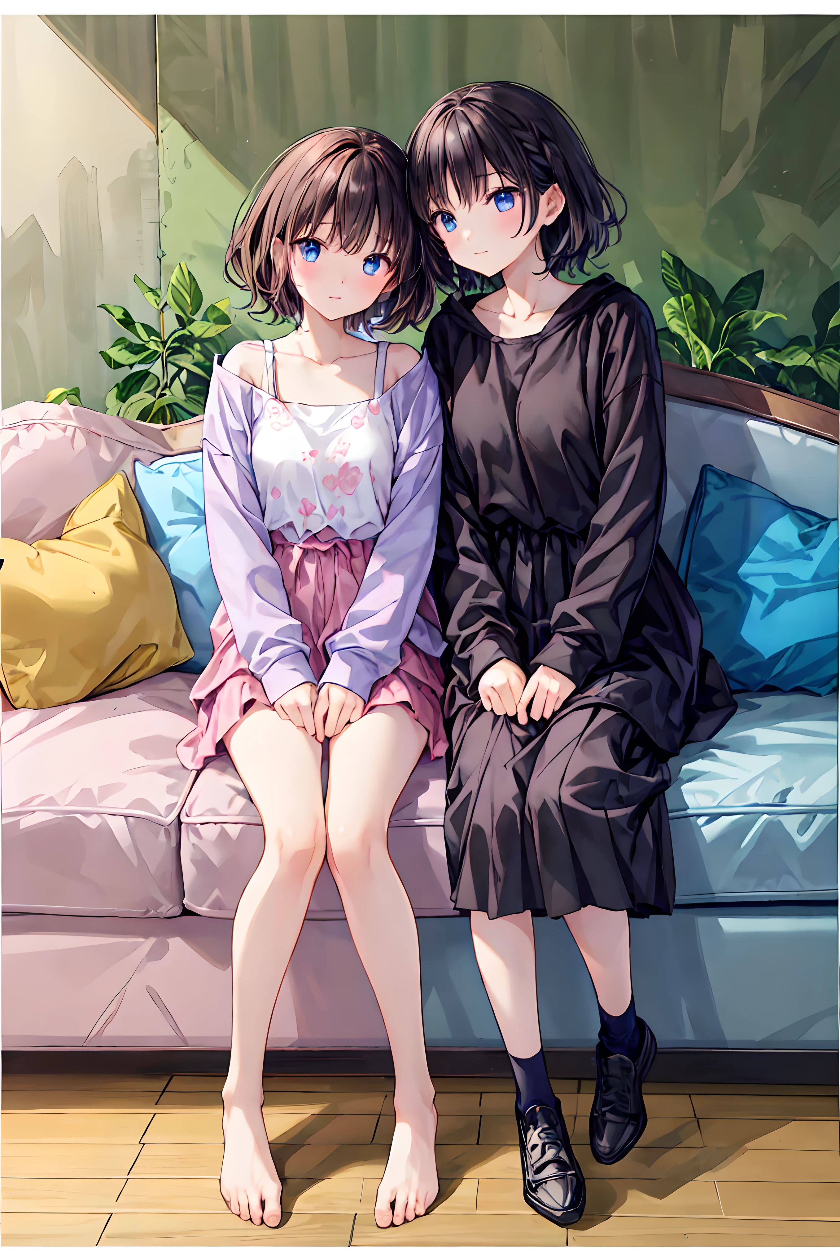 Highest quality、Very delicate and beautiful、I、8-year-old 、Japanese Girl、Primary school students、Black-haired、Short bangs、Brown Hair、Short Bob、Cute face、Cute like an idol、Are thin、Slim figure、((The background is my living room))、Tank top、