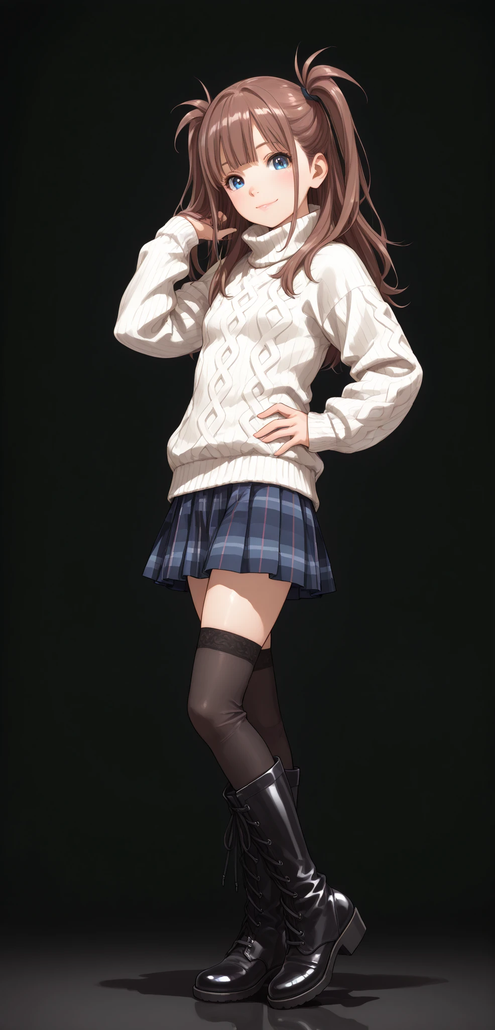 1 girl,wide shot, full body, (looking at viewer:1.2), (from the right side:1.3), facing forward, petite body, like proportions, svelte figure, small breasts, small frame, innocent smile, bright blue eyes, fair smooth skin, rosy cheeks, glossy lips, cute face, big expressive eyes, contrapposto pose, medium-length brown hair, silky smooth hair, soft front bangs, twin side up hairstyle, tied up side locks, hair tied only at the sides, loose back hair flowing down, realistic hairstyle, hand on hips, hand in own hair, white turtleneck sweater, navy blue plaid pleated skirt, black thighhighs, zettai ryouiki, black lace-up knee boots, youthful appearance, Kyoto Animation style, anime illustration, masterpiece, best quality, ultra high resolution, rich contrast, highly detailed eyes, ultra-detailed illustration, very beautiful and delicate anime face and eyes, realistic texture, RAW photo style, black background, solid black studio background, soft lighting, no background