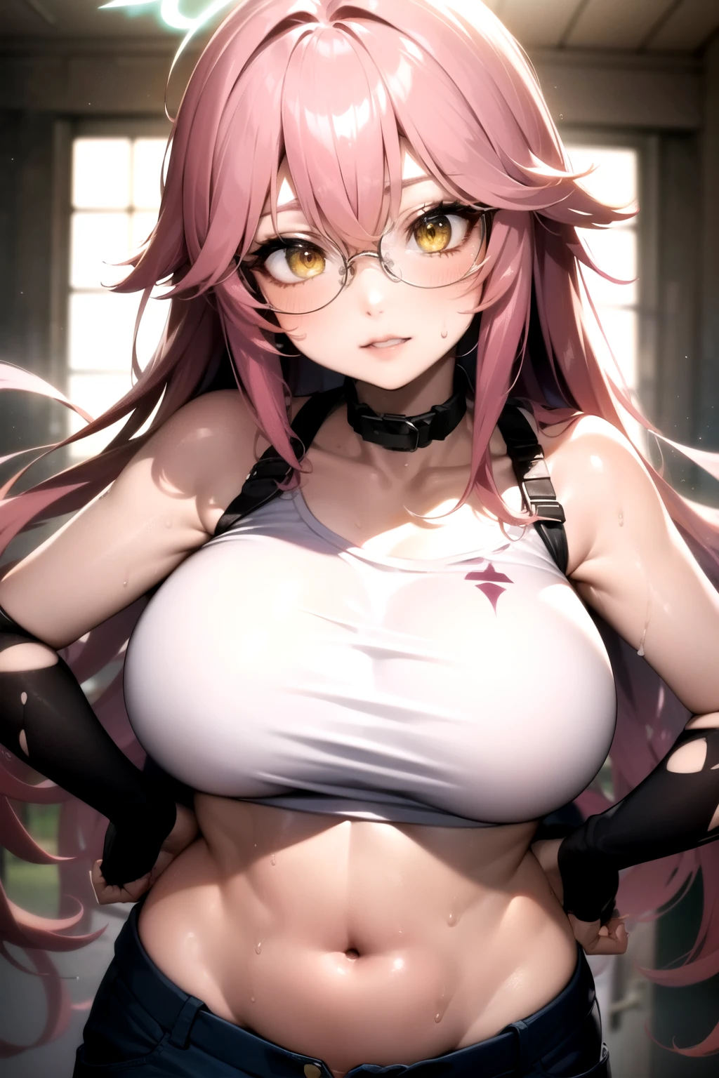jibril, BREAK jibril, collar, animal ears, bird ears, compass rose halo, gradient hair, halo, long hair, multicolored hair, pink hair, symbol-shaped pupils, big breast, wing ears, (yellow eyes:1.5), seductive look, seductive smile, Shiny skin, clothing. Big breast. Sexy, hot, attractive, alluring, narrow eyes.
BREAK zoomed in, cropped face, (elbow gloves, black crop top, midriff, tank top, round glasses:1.3), (jeans, denim pants:1.1), (open pants:1.4), (her pants are slightly down:1.3). long sleeves, hot, breast tattoos, (sweat, glossy skin, oily body, oiled up, glossy:1.7), (wet:1.2). (tattoos:1.1), (voluptuous, curvy:1.4), chubby. armpits.
BREAK (masterpiece:1.2), best quality, high resolution, unity 8k wallpaper, (illustration:0.8), (beautiful detailed eyes:1.6), extremely detailed face, perfect lighting, extremely detailed CG, (perfect hands, perfect anatomy), narrow eyes.