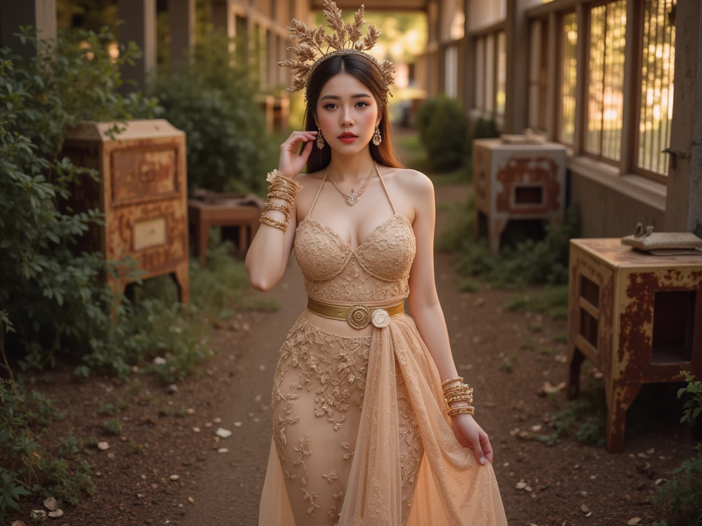 generate a lady,light smile, wearing tight luxury kebaya, luxury bustier corset, batik tight long skirt and sanggul hair, slim waist, propotional body, standing in front of candi, the aura is really beauty, make the picture looks so lovely, perfect hands, perfect fingers, pretty lips, sharp eyes, lens glare, masterpiece, full body picture, hyperdetail, 8k, ambient effect, digital effect