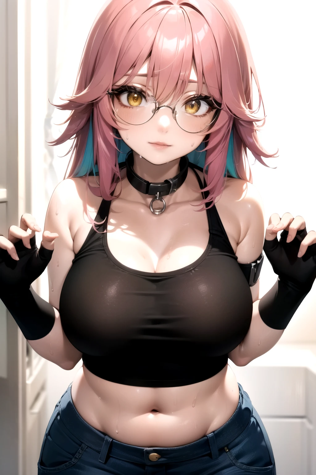 High resolution, high quality, One girl, Anime Girls,[[During pregnancy]], Pink Hair, Light purple eyes,heart shaped pupils, Brown glasses, Glowing Skin,[[pale skin]], Large Breasts,beautiful breasts,pointy breasts, (Big Ass),beautiful ass,sweat,wet,Tank Top,denim shorts,lower body,squatting,(open legs),arms behind head,Groin tattoo,glowing tattoo,Pointy Ears,Devil&#39;s Wings,Lower Body,at pool side,(lemon juice),(orange juice),(Pineapple juice),(Mango juice),(water),(water),