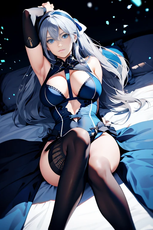 Laquadia, blue lips,big breasts,jewelry,Bukkake,gray hair、nipple、sexy face、High resolution、high quality、Creampie、Squirting、risque swimsuit、long gloves、blue swimsuit、青いlong gloves、超High resolution, (film grain: 1.4)、とてもbig breasts、I&#39;pushed onto the bed、troubled face、sexy pose、nipple