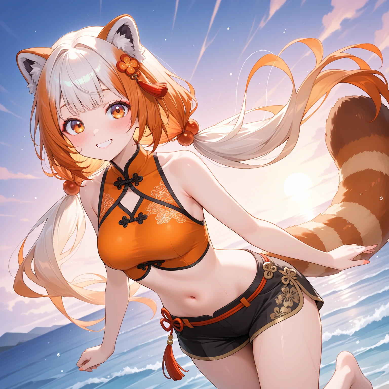 Fox Girl, Fox's Tail, Nine-Tailed Fox,Fox Ears, Black colored hair, Fox Makeup,One Girl、 Kimono with open chest, Body size is 100-70-90!、Nice body, Avatar, face, Open chest, lewd face, Dominant representation, naughty face,Big Breasts,Emphasize cleavage,Show bare skin、Skin is visible、With legs apart、Show off your thighs、With legs apart、A beautifully patterned kimono、I can see her cleavage、Muscular、Uplifting、Abdominal muscles、Exposed skin、Long Hair、Skin Texture、Soft breasts 、outside、Grassy field