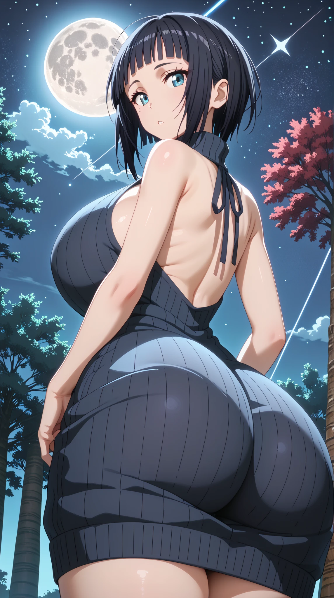 High resolution, Hinata Hyuuga, Naruto shipuuden art style, 1girl, ((bimbo))), blue hair, puffy lips, painted lips, thick lips, wide hips, thick thighs, enormous round breast, huge ass, sexy face, shiny skin, breasts squeezed together, enormous huge natural breasts, black latex, emo, choker, goth, fishnet, belts, legs, thick, bitchy, bitchy face, hand signs, sexy thick legs, breasts posing, swollen breasts, revealing cleavage,