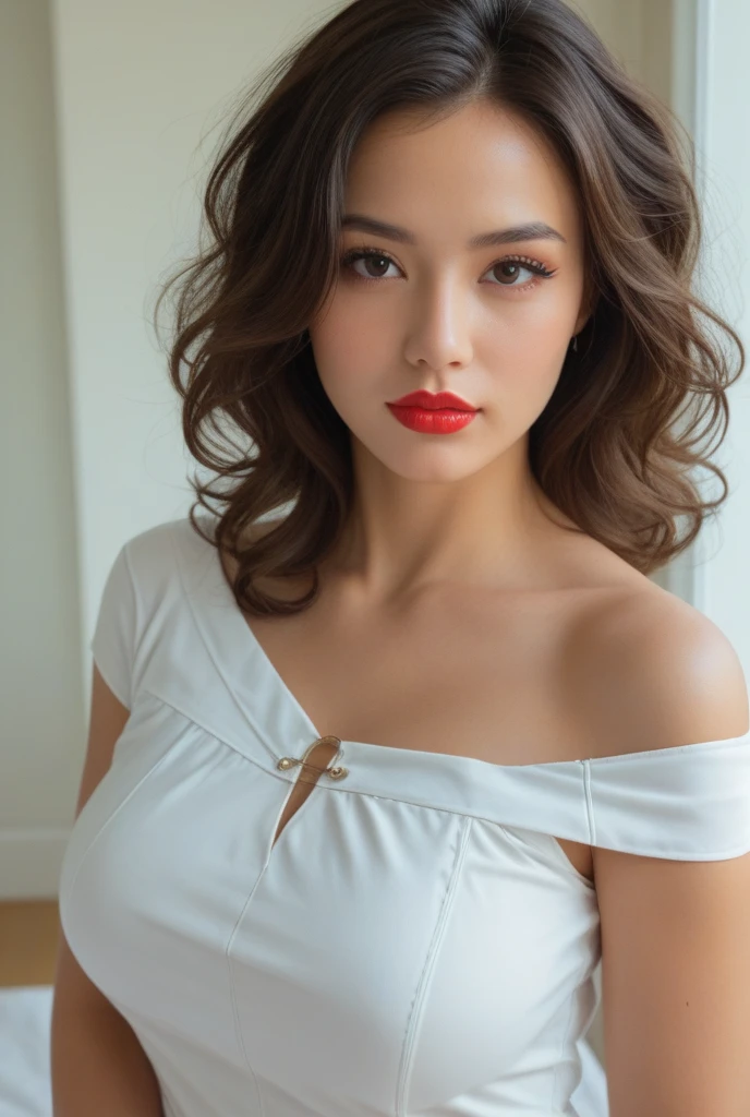 belle fille de 22 ans, brune, head of&#39;artwork, best quality, Animations 8K, detailed fingers, Precise fingers, hands not abnormal, illustration, 1 fille, bare, slightly wavy hair, seductive eyes, red mini skirt, cris top noir, nose ring, blanche , thick eyebrow, luscious mouth, round and thin face, Brown eyes 