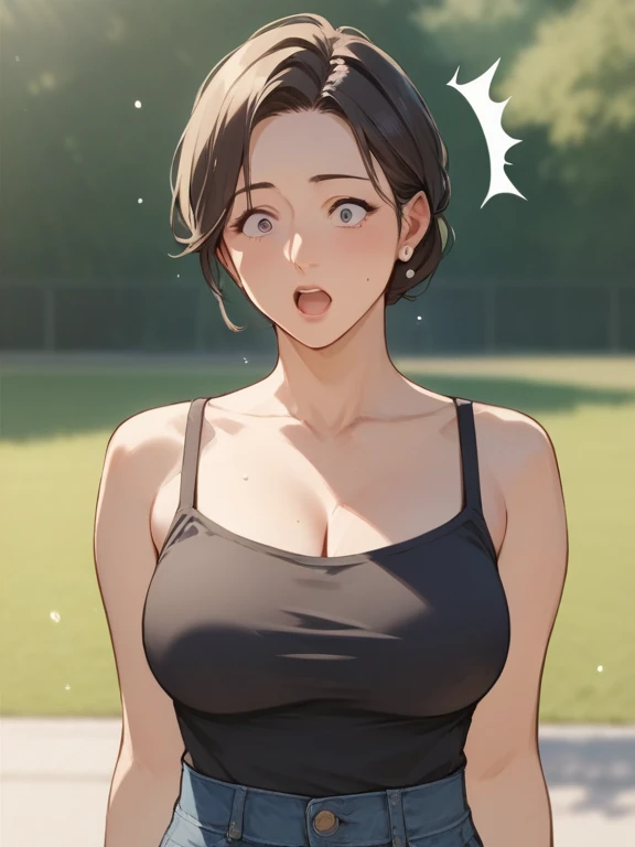 mature japanese milf、short hair、big breastarried woman、sunburn後、sunburn、sports bra、Breasts away from cleavage、black hair、nsfw