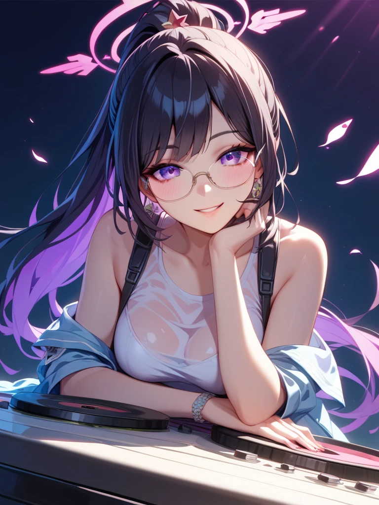 ((Highest quality)), ((masterpiece)), ((Fine grain)), Perfect Face, woman, Gamer Girl, ((Aqua Eye)), (Cherry red lips), A light smile, Long black hair, purple streak hair, Wearing headphones, bangs, ribbon, choker, Nerdy glasses, She is wearing a white off-the-shoulder sweater, She's on the ground, ((Missionary pose)), ((Spread your legs)), Inner thigh exposure, Black Skirt, at night, Neon Light, Colorful lights, Purple and cyan themed background