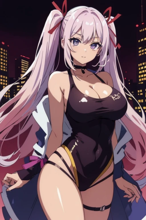 detailed background, masterpiece, best quality, smile, ornament,1boy, trap, gyaru, (flat chest), dark skin, tanned skin, shorts, revealing clothes, high heels, portrait, street, graffiti, darkness, night, glowing eyes, huge moon, upper bikini, pink and purple gradient hair, long hair, charming eyes, hands behind your back