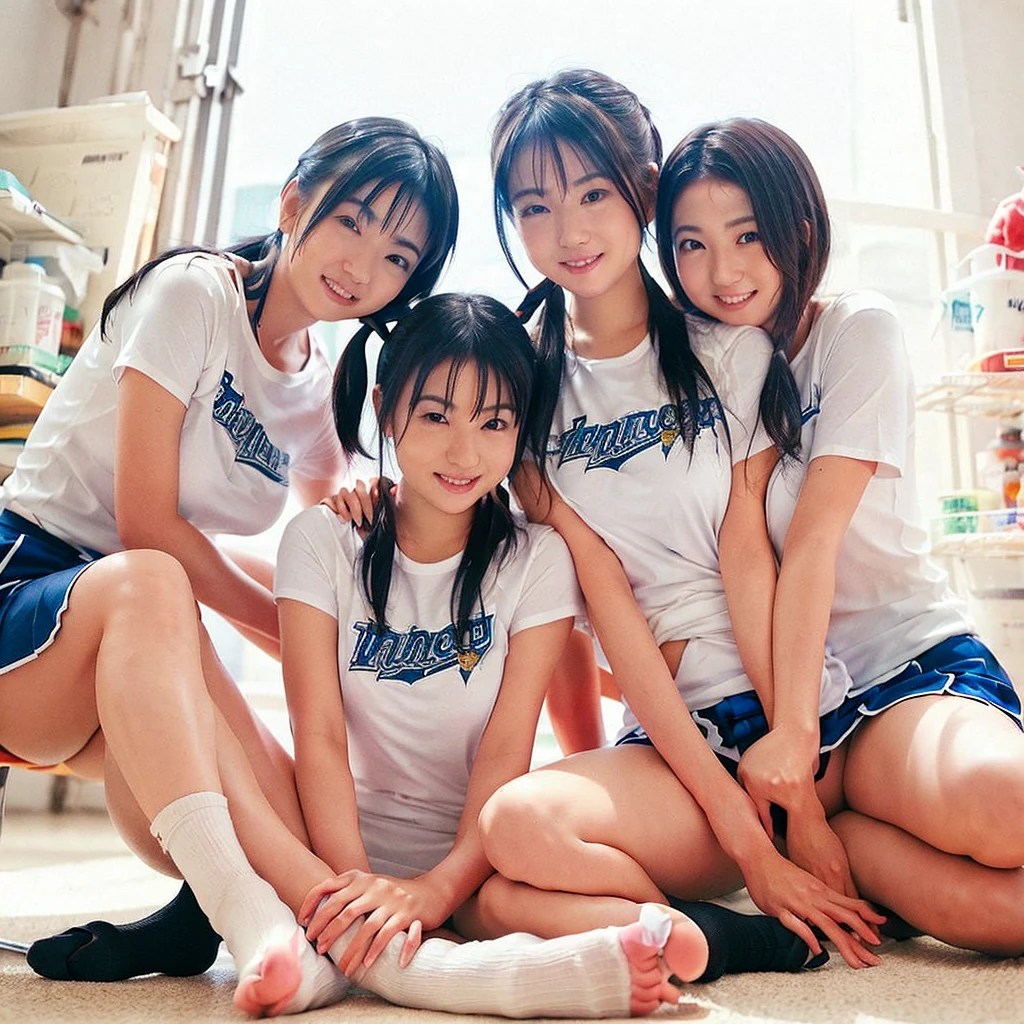 (8k,High level of image quality,high quality,high resolution,masterpiece),(from above),(Face focus),Three cheerleaders in the bedroom,Kneel before me，Surround me,Look up and smile,Kawaii girl