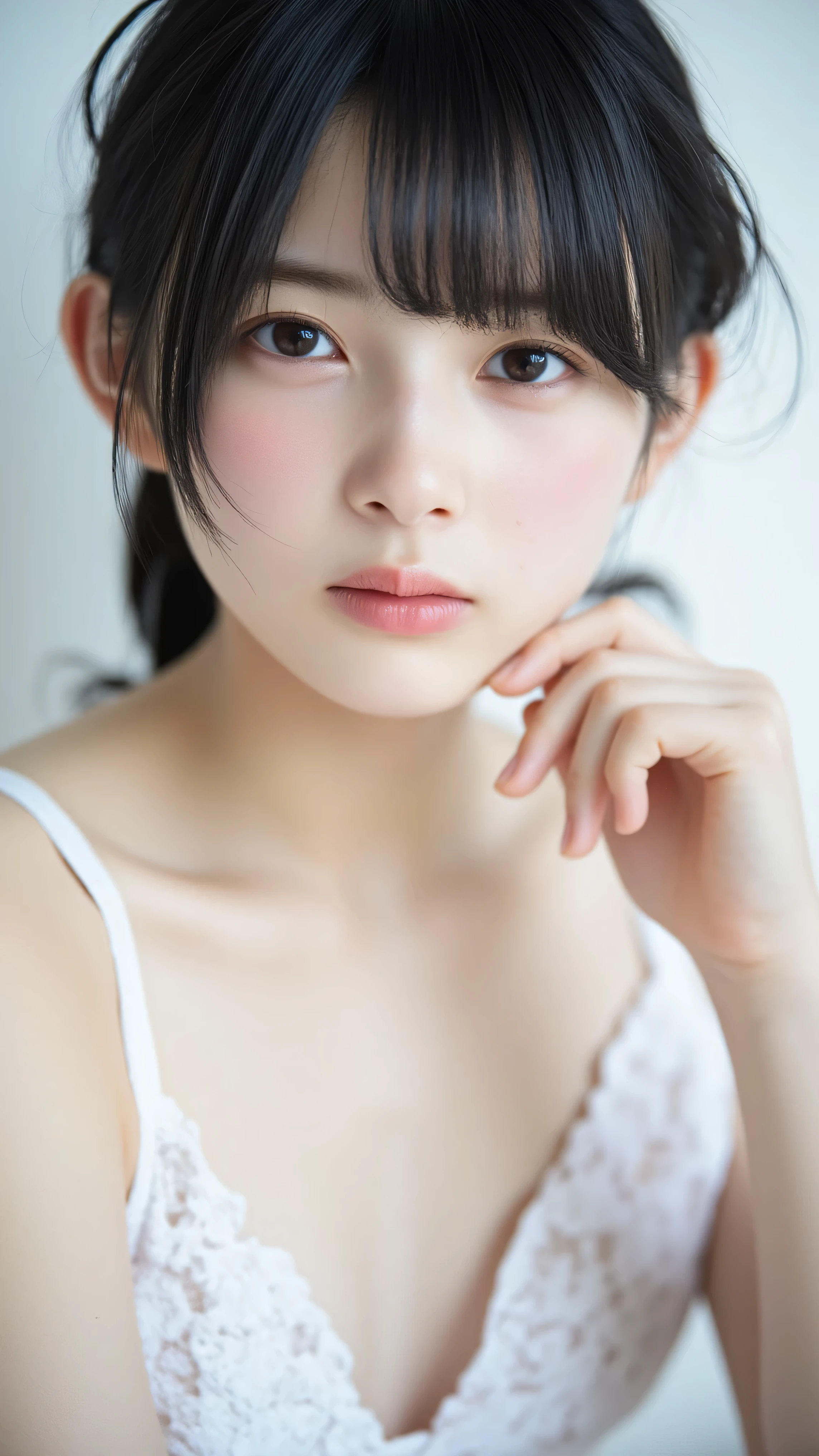 ( 1 woman), beauty, Beautiful Faces,, best quality 、8k、 masterpiece、 ultra high resolution 、Clear Photo、 by Mr. Nomi photos、 by Mr. Nomi、 details、High Concentration 、 Professional Lighting 、 beauty、、 very short hair 、 Extremely Attractive Big Erect Nipples 、cat、 thin waist 、 Japanese 、 スリムなストラップ swimsuit、細身の白い swimsuit 。 swimsuit、 Under the chest。 full body photo。