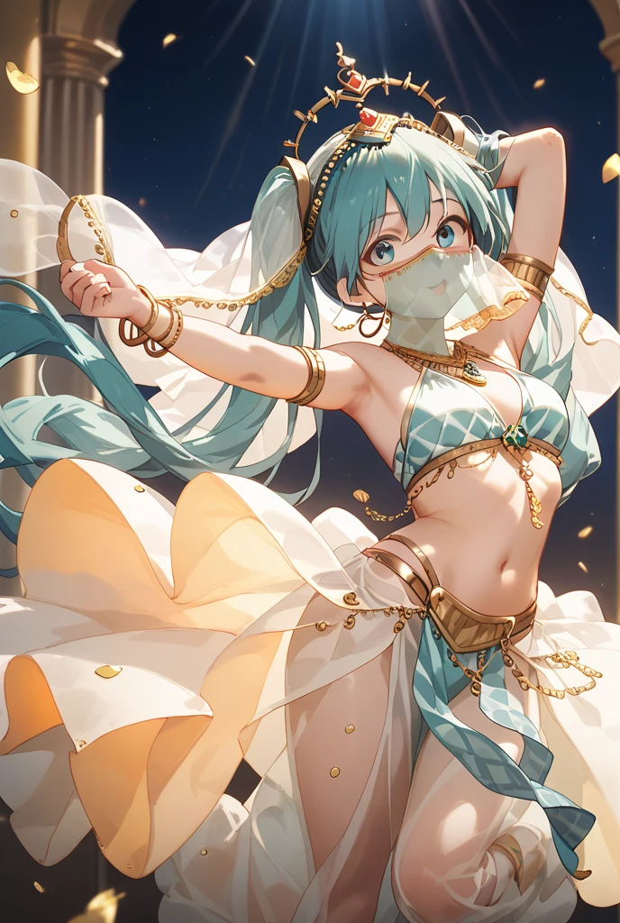 Chun-Li wears a blue turban headdress and a green belly dance skirt with a veil covering her entire face