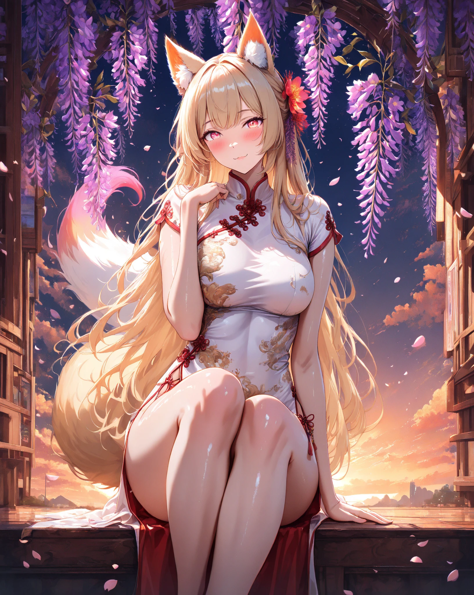 (masterpiece), best quality, expressive eyes, perfect face, fox girl, ((fluffy tail)), (under cherryblossom tree), coloful summer dress, embroided summer dress, red eyes, detailed eyes, perfect face, cleavage 