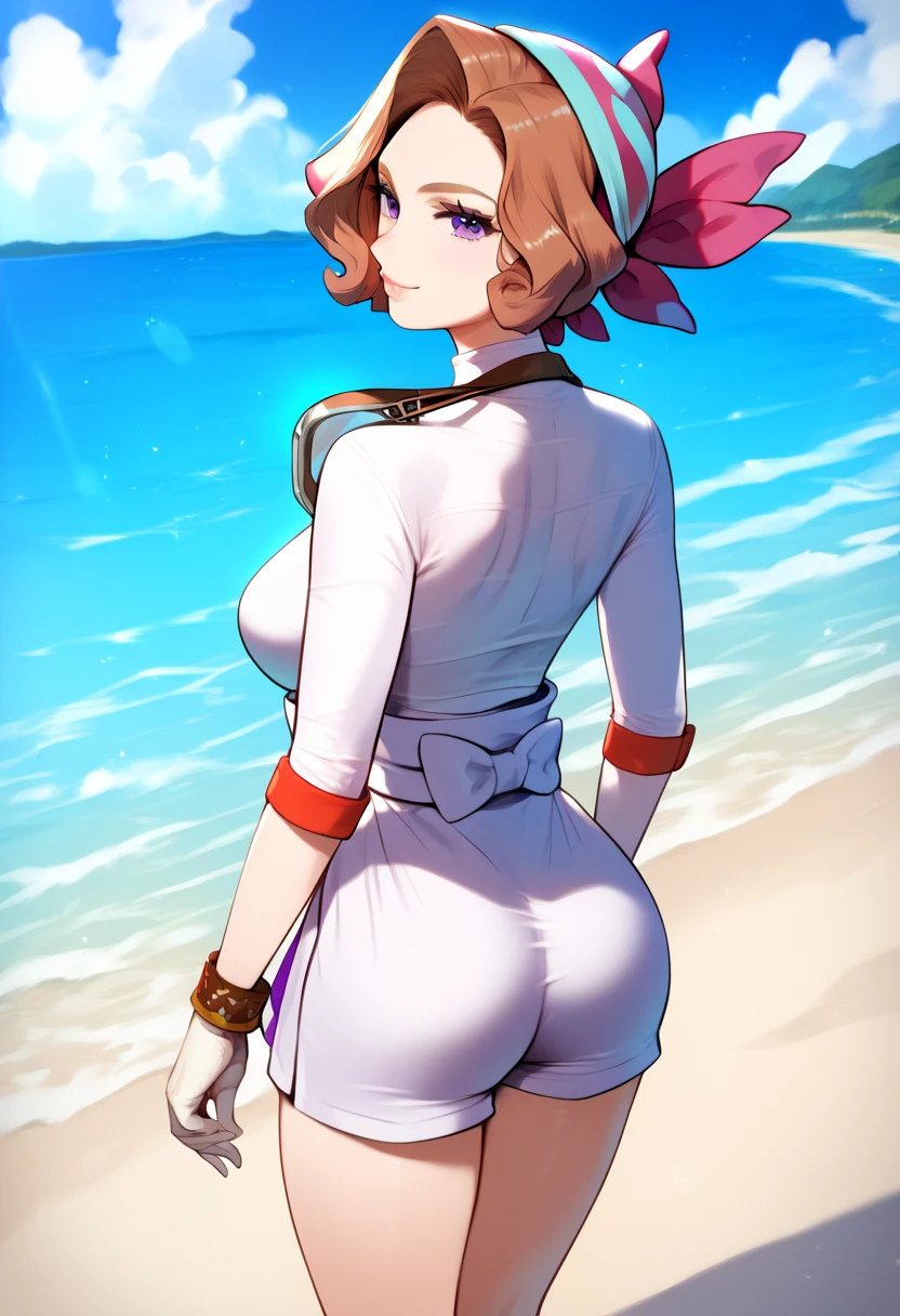 masterpiece, best qarity, Aerith Gainsborough, She is standing, she is raised, short dress, Athletic build, thin waste, broad hips, perky ass, gargantilha, Short jacket, hair bow, bracelet, pink dress, spectator side, smile, mouth shut, inside, stained glass, legs thick, big boobies, very short dress, she is standing, She is standing, beach scene