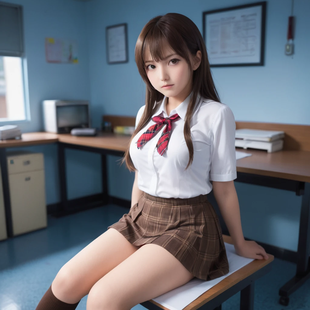 Uma linda garota japonesa de 18 anos, uniform japanese , micro saia, mini saia, camisa curta e decotada, decote, camisa curta, camisa apertada, saia plissada preta curta, olhar inocente, olhar sexy, sala de aula sentada na mesa da escola, hand on thigh, lifting her skirt with her hand, seios grandes, coxas grossas, corpo perfeito, cintura magra, cabelo curto e lindo, delineador nos olhos, poses de envergonhada, roupa com decote, seios. 
