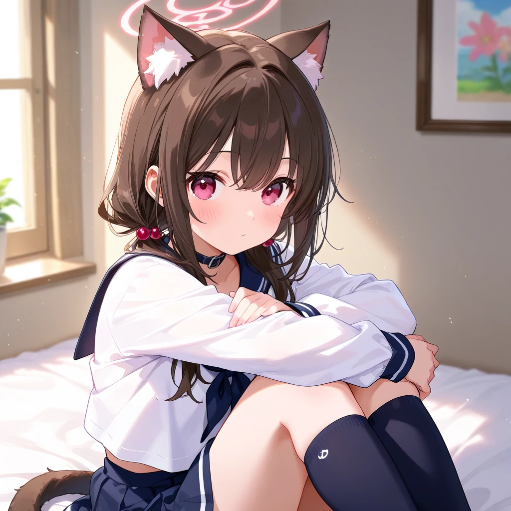 ((best quality)), ((​masterpiece)), (Detailed), 1 Wolf girl, tied up in bed, Messi good, Rose Mini skirt, wet White semi invisble Short top, pink choker, shy looking upwards, Rose and White Striped overknee socks, Background with sex toys and candles, some Accessoires, medium big ((best quality)), ((​masterpiece)), (Detailed), 1 Wolf Girl, tied in bed, Brown hair, Messi good, pink miniskirt, wet white shirt blouse, pink collar with leash, held by a fox by the hand, look up shyly, Overknee socks with pink and white stripes, Background with a shelf full of sex toys, some accessories, 