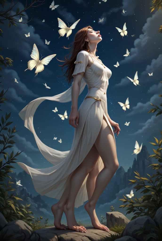 Crie um jardim de flores de cosmos rosa, with birds and butterfly and with a celestial being in the center, feminino, bonita, angelical e alegre.