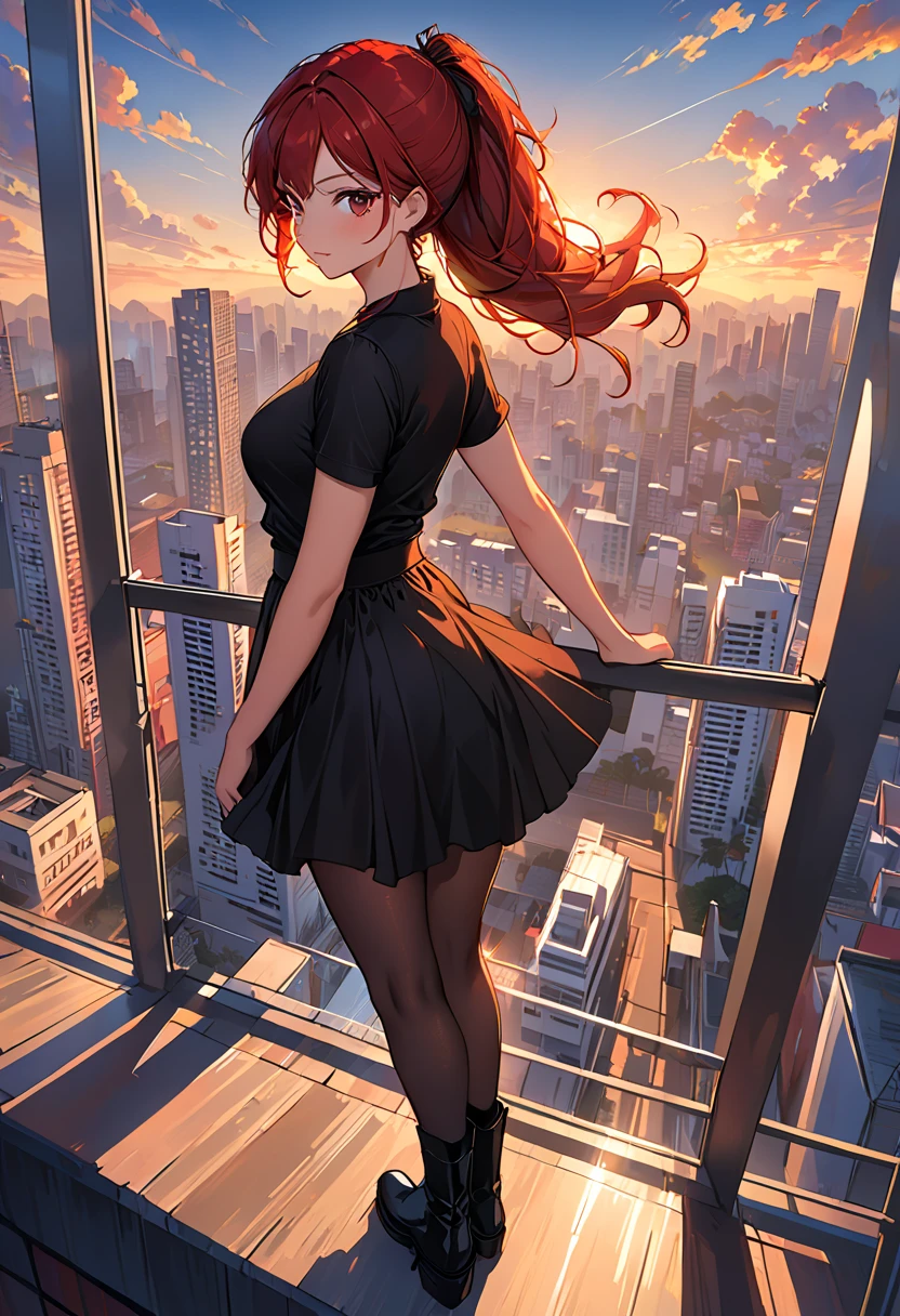 Hojo Tsukasa manga style,((Best Illustration)) brazilian girl, Red hair, body, black top, black bodycon skirt, black boots, city View, architecture, Skyline, Sunset, Silhouette of clouds, Contemplative. ,Horizontal viewing angle,rich and colorful,Japanese manga artist Tsukasa Hojo'style,depth of field,White background,Overclocked renderer,movie lighting,Ultra-fine,super detailed,CG art,
