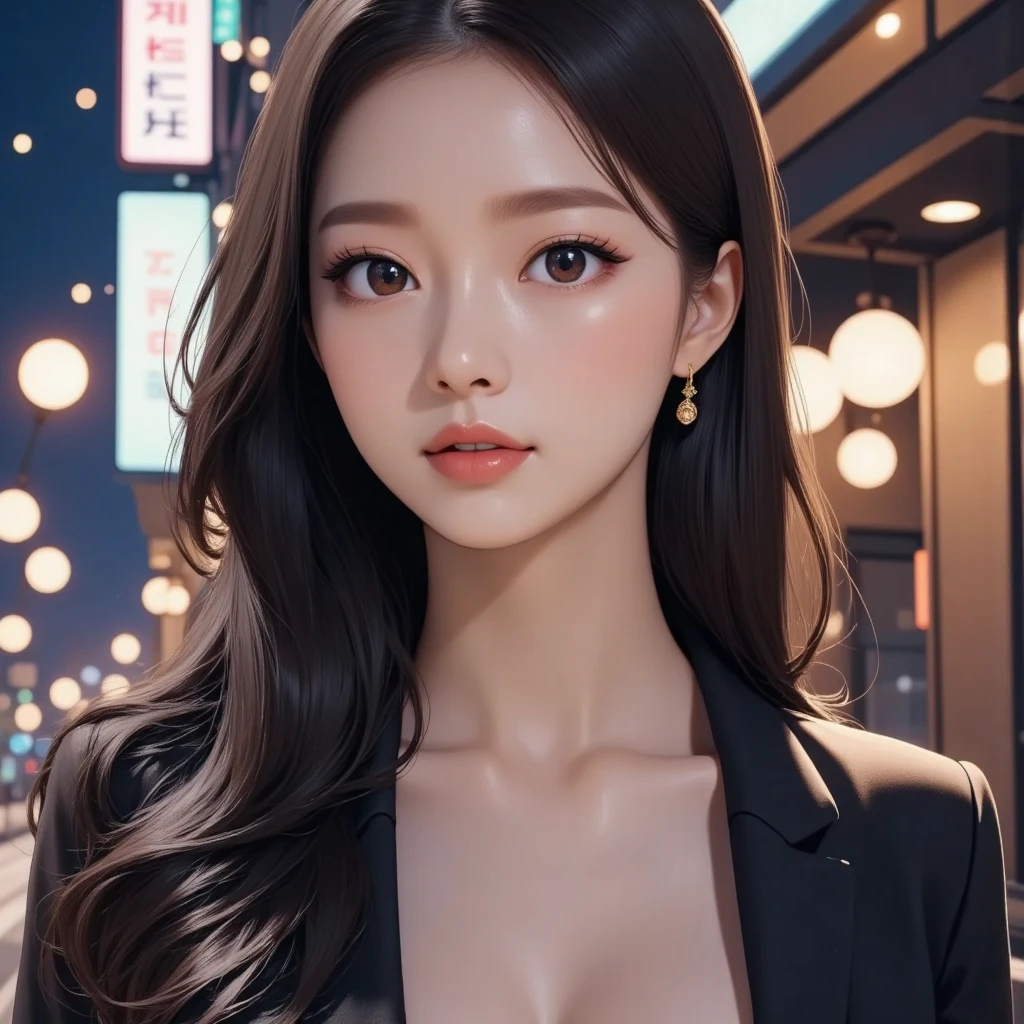 Jisoo do Blackpink: Jisoo has a charming and captivating appearance. Ela tem muito tempo, Cabelo escuro, which is often styled in an elegant and sophisticated way. Your eyes are big and expressive, with naturally bulky eyelashes. Jisoo tem uma tez clara e radiante, with soft and delicate characteristics. Her smile is adorable and she has well-shaped lips. She is known for her classic and graceful beauty, (ela tem um decote impressionante muito aberto, seus seios saltam pra fora do decote, seios grandes e perfeitos mamilos largos e escuros). Uma garota, Sozinho, deitada sensualizando , fazendo poses, colorida, ciberpunk, CIDADE, sinal de paz, brincos, Neon, beautiful lighting, reflexo roxo, cap, Foco no personagem, seios longos pra fora da roupa, langerir sexy, nua.