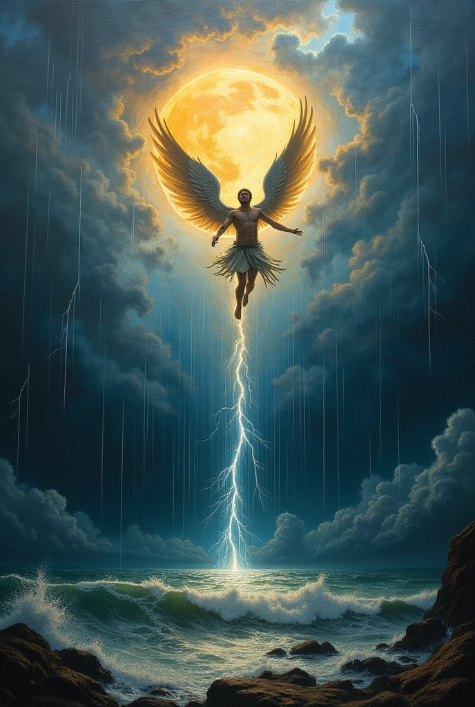 Illustration of a rainbow standing in the water and a man with angel wings, A subtle rainbow halo, ethereal angelic being of light, Shining Angel, Full-body majestic angel, Divine Beings, Archangel Michael, Still in the rainbow opanim, Angel Spirit Guide, Divine God, archangel, An angel who protects people, Metatron, The Sacred Realm of the Gods