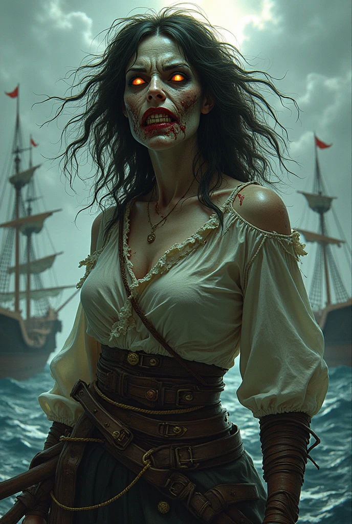a portrait of a woman vampire pirate holding a (( bloody sword: 1.5)) on a pirate ship ready for battle, ((full body: 1.5)), ((anatomically correct: 1.5)), (ultra detailed face: 1.2), looking tense, looking dangerous,  dynamic eye color, glowing eyes, dynamic hair color, dynamic hair style dynamic skin complexion, wearing 18th century white button shirt, with ((stains of blood: 1.3)), busty , wearing  wearing high heeled boots, it is night time at sea, moon is high, some clouds,18th century pirate ship background,  vibrant, Ultra-high resolution, High Contrast, (masterpiece:1.5), highest quality, Best aesthetics), best details, best quality, highres, 16k, (ultra detailed: 1.5), masterpiece, best quality, (extremely detailed) RAW, (ultra details, Masterpiece, best quality), Hyperrealism style, holding sword, Intense gaze, holding sword rapier, vampire teeth, BloodSoakedAI, holding sword, Dark Art Painting Style