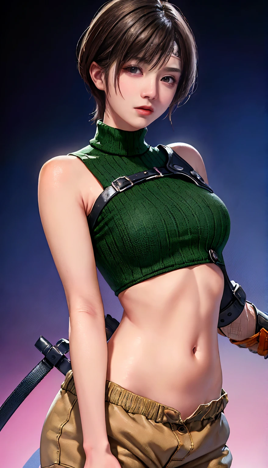 8K, Top Quality, Intricate Details, Ultra Detail, Ultra High Resolution, Masterpiece, close up shot, (full body: 1.1), Slender, Smile, (Makeup: 0.4), (Fluffy Eyes: 1.21), (()), 1girl, solo, 1 girl, ((green hair, bangs, long hair, high ponytail)), close up shot, , ((tall)), (((fit body))), (((slim face))), sharp face, (( open vest)) (detailed face), sharp face, small lips, , , ,
((, )), , ((,)), detailed face, detailed breast, , ((large breast, huge breast)), detail ass, Narrow Waist, Skinny, tall , 175 cm tall, Muscular, Navel, Exposed Abdomen, Pointed Chest,, Beautiful girl with accentuated slender abs: 1.4, Six Pack Abs: 1.4, Bust Botox, Big, Perfect Body, detail leg, (( dark background)), black background,
