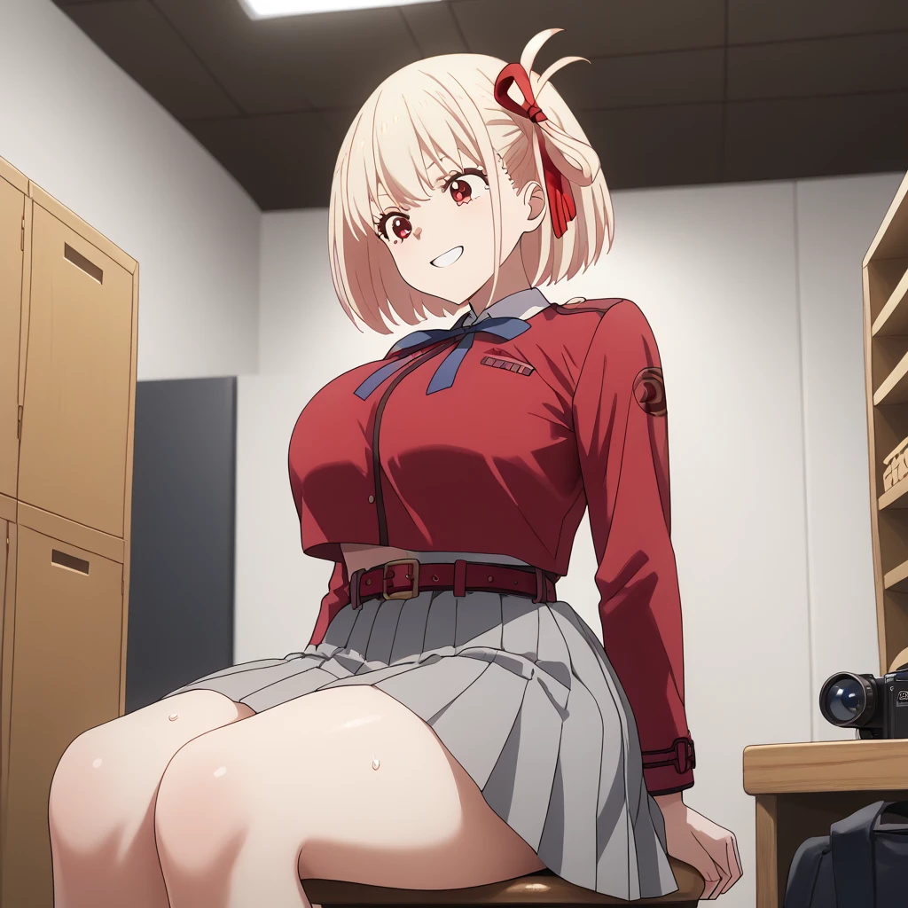 chisato, 1girl, solo, short hair, hair ribbon, breasts, neck ribbon, collared shirt, lycoris uniform, two-tone dress, red dress, grey dress, long sleeves, red belt, (((1girl))),(((Solo))),(((1 person))).